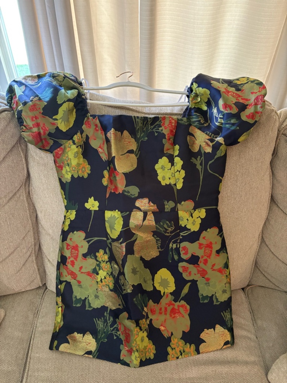 Lulu's Navy Floral Puff-Sleeve Dress with Yellow and Coral Accents